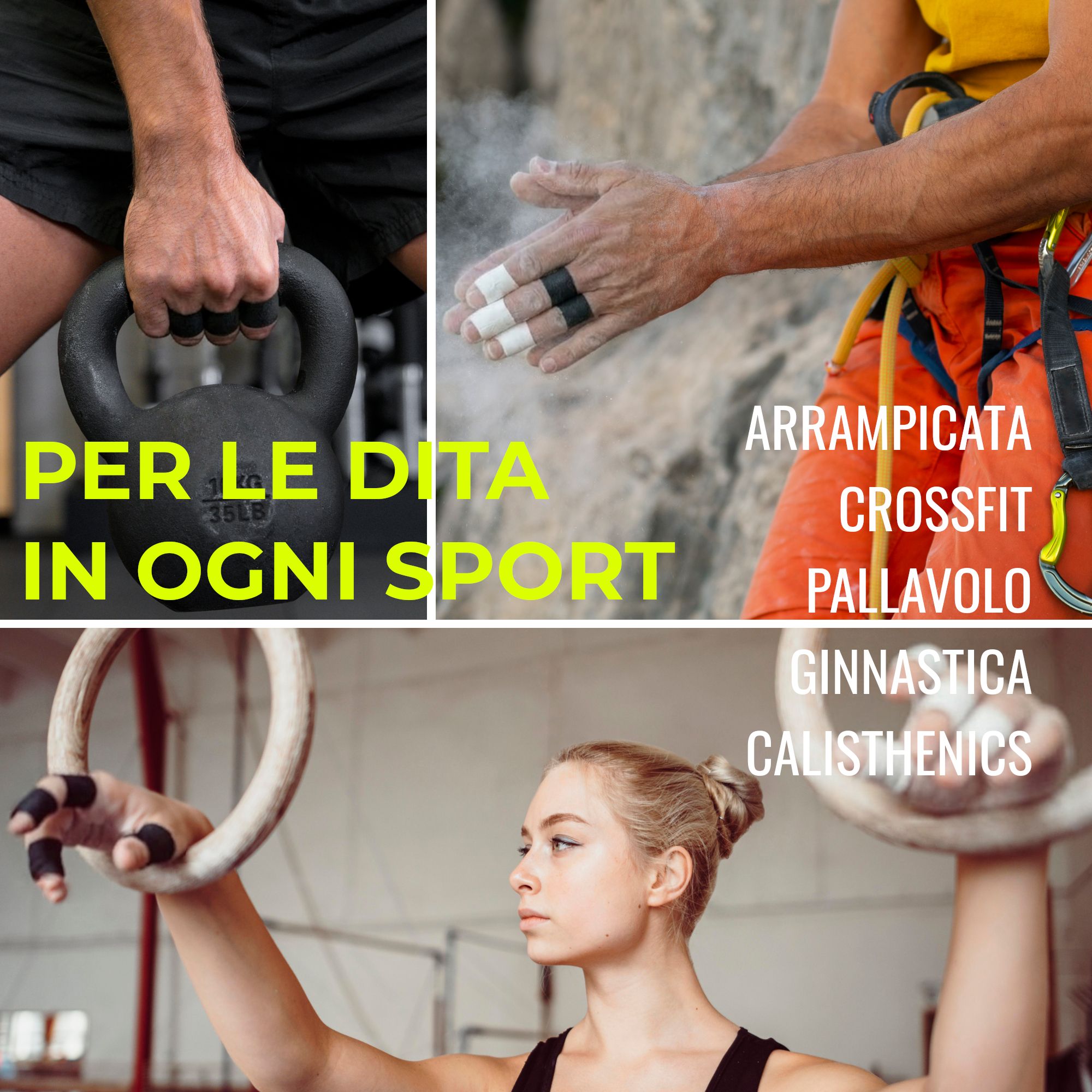 Collage: Hände mit Kettlebell, Kletterer mit Tape, Ringturnerin. Text: Für Finger in jedem Sport.