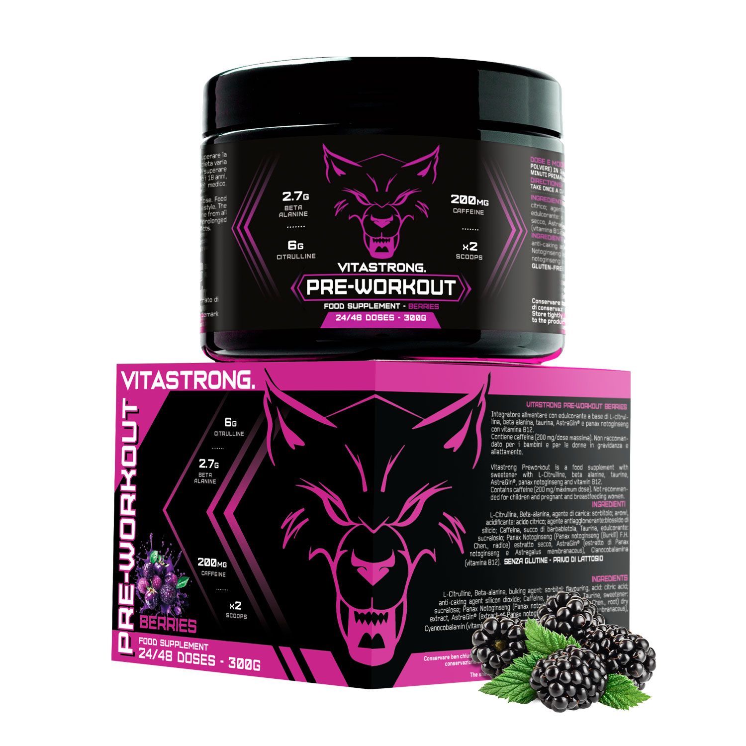 Dose Vitastrong Pre-Workout, Beeren, 300g. Aufschrift und Wolf-Logo. Schwarzer Deckel, rosa Schrift.