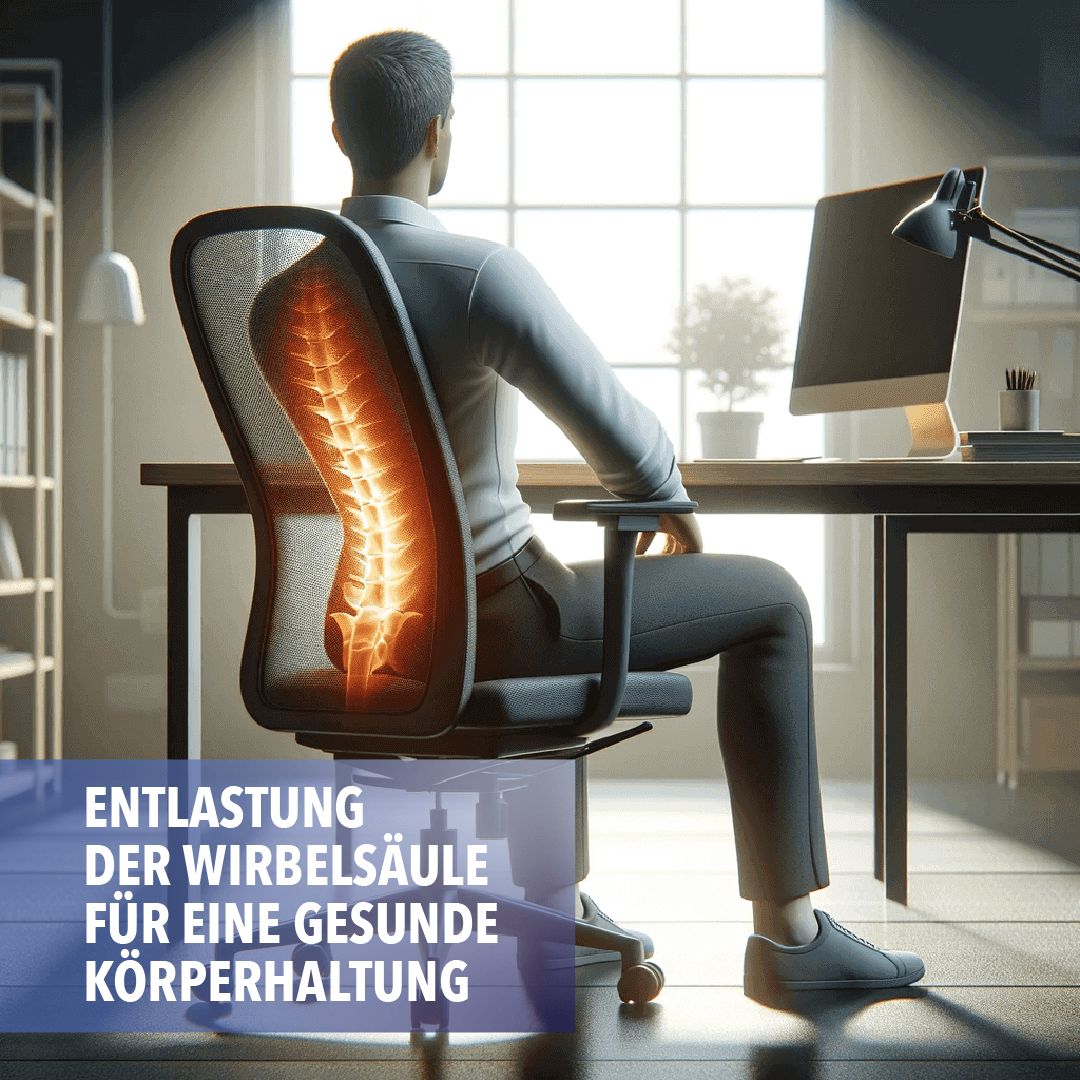 Mann sitzt in einem Bürostuhl. Hervorgehobene Wirbelsäule. Text: Entlastung der Wirbelsäule für eine gesunde Körperhaltung.