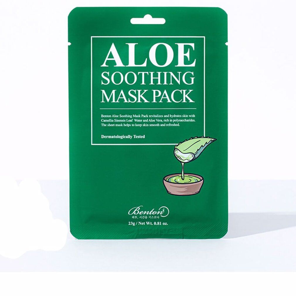 Grüne Verpackung mit Text: Aloe Soothing Mask Pack. Enthält Aloe Vera. Dermatologisch getestet. Marke Benton.