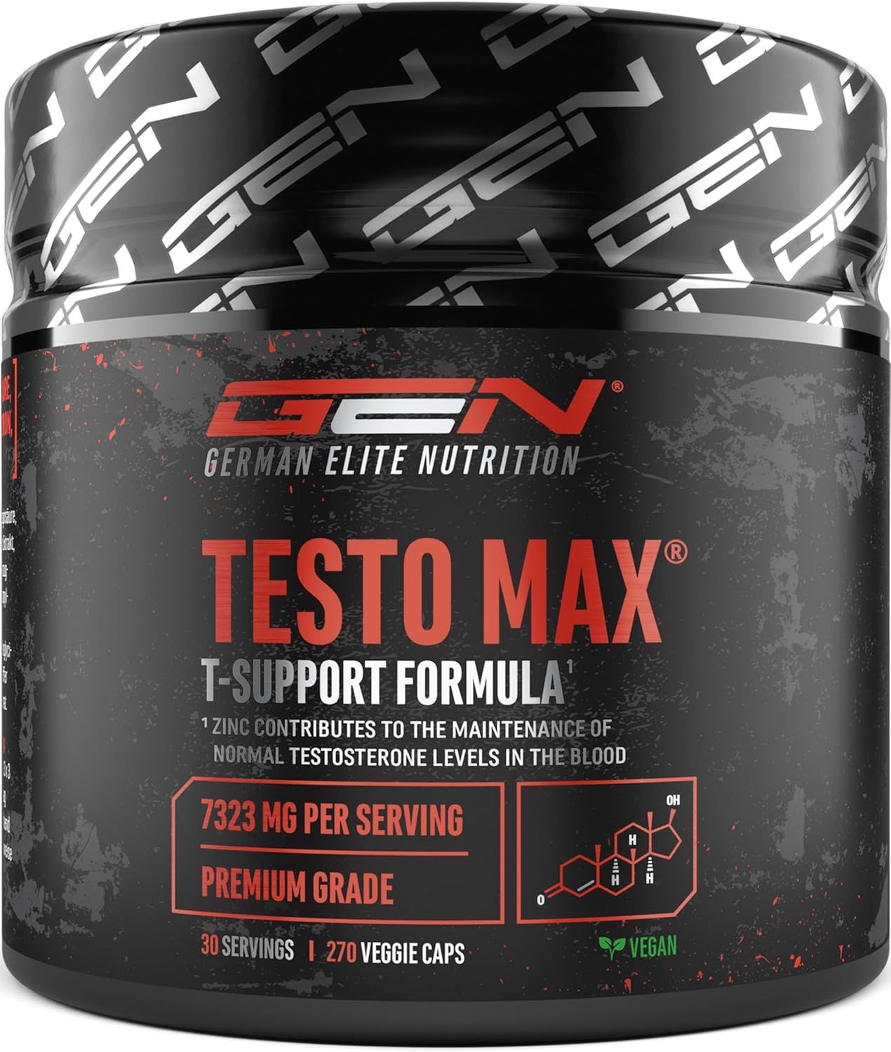 Dose mit GEN Testo Max. Schwarzer Deckel, rotes Etikett mit Text. Enthält 270 Kapseln. Premium Grade. Vegan.