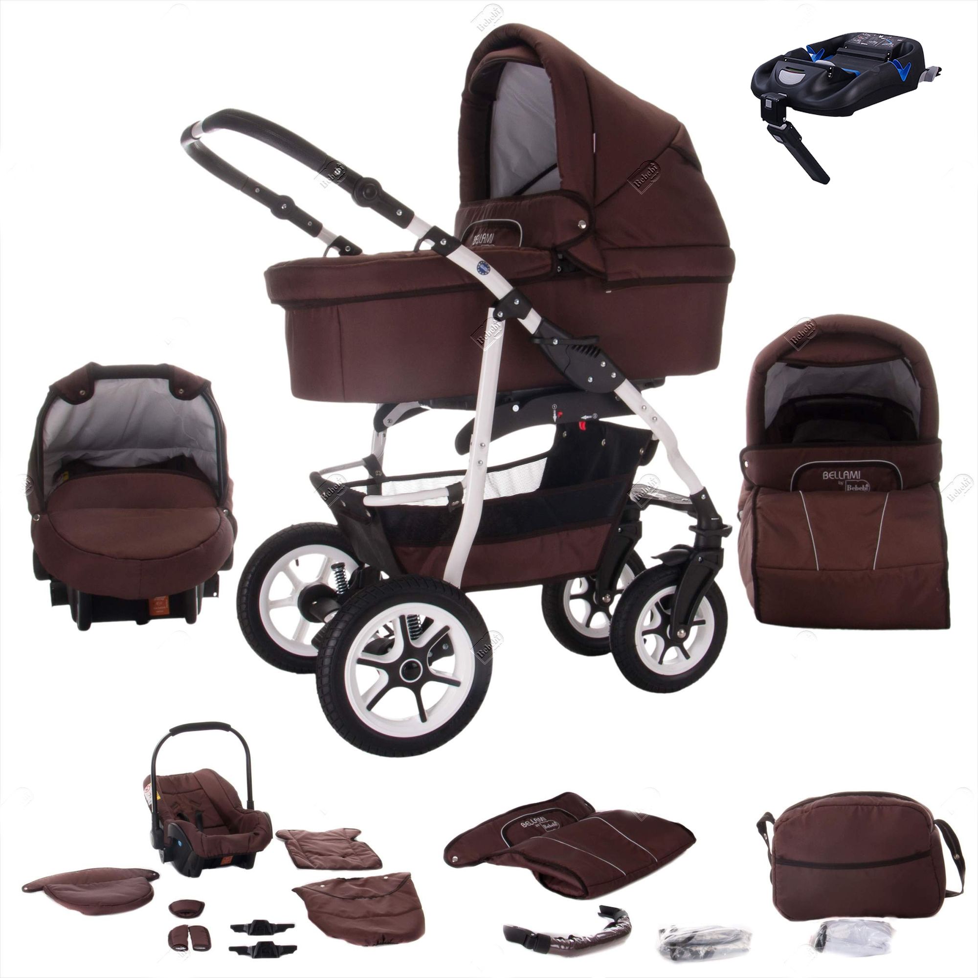 Bebebi Bellami 4 in 1 Kinderwagen Komplettset ISOFIX Basis Luftreifen, Bellachoco