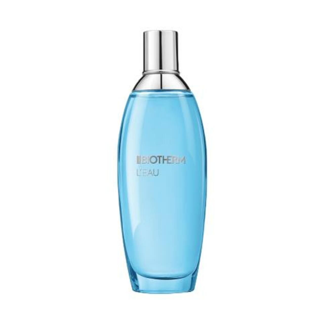 Blaues, ovales Flakon mit silbernem Verschluss. Aufschrift: BIOTHERM L'EAU.
