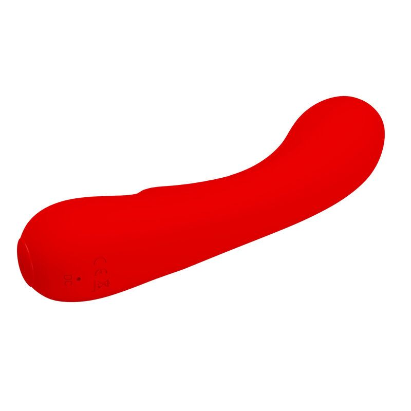 Roter Vibrator mit geschwungener Form. Ein Ende ist abgerundet, das andere spitz zulaufend.
