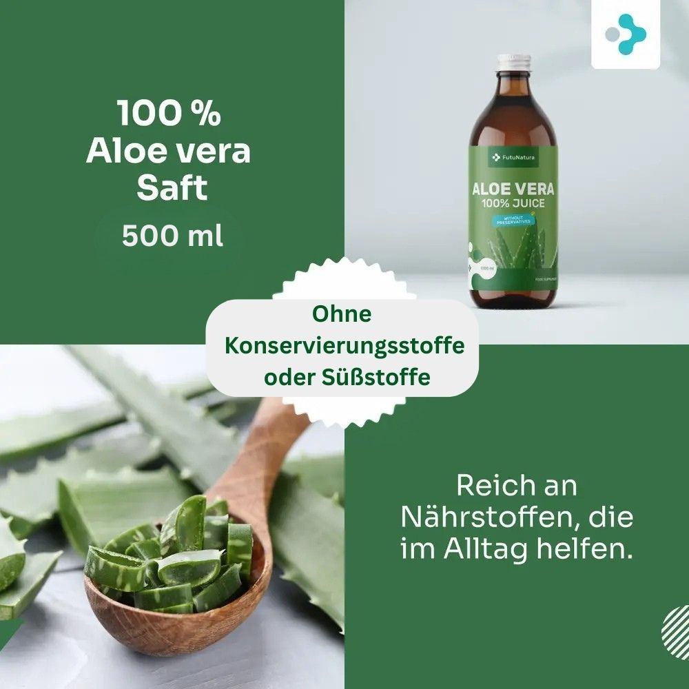 Braune Glasflasche mit grünem Etikett. Aufschrift: Aloe Vera 100% Juice, ohne Konservierungsstoffe. FutuNatura Logo. Aloe Vera Blätter und Holzschaufel.