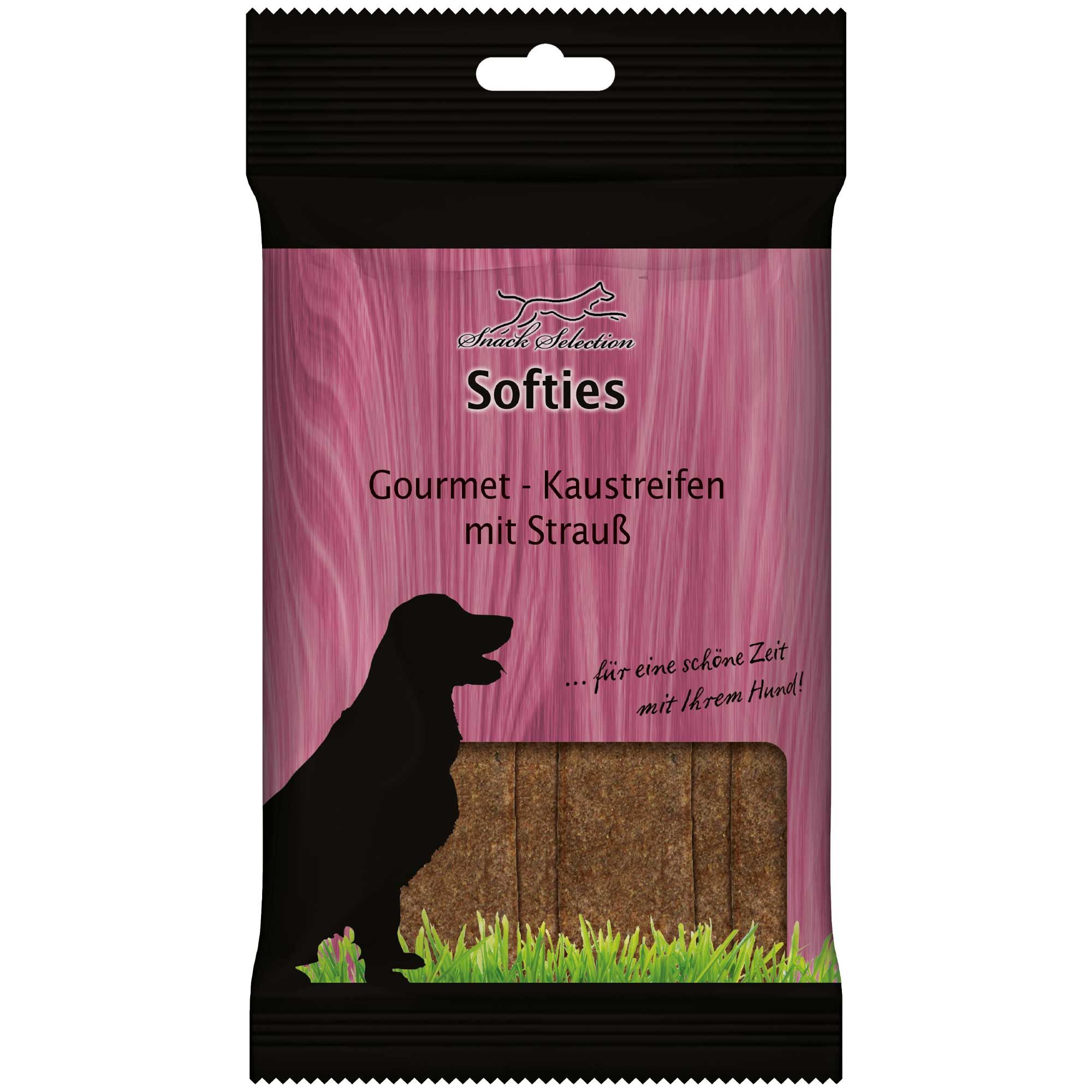 Packung Schecker Kausnack - Gourmet Kaustreifen mit Strauß. Rosa-schwarze Verpackung mit Hundesilhouette und Produktbezeichnung.