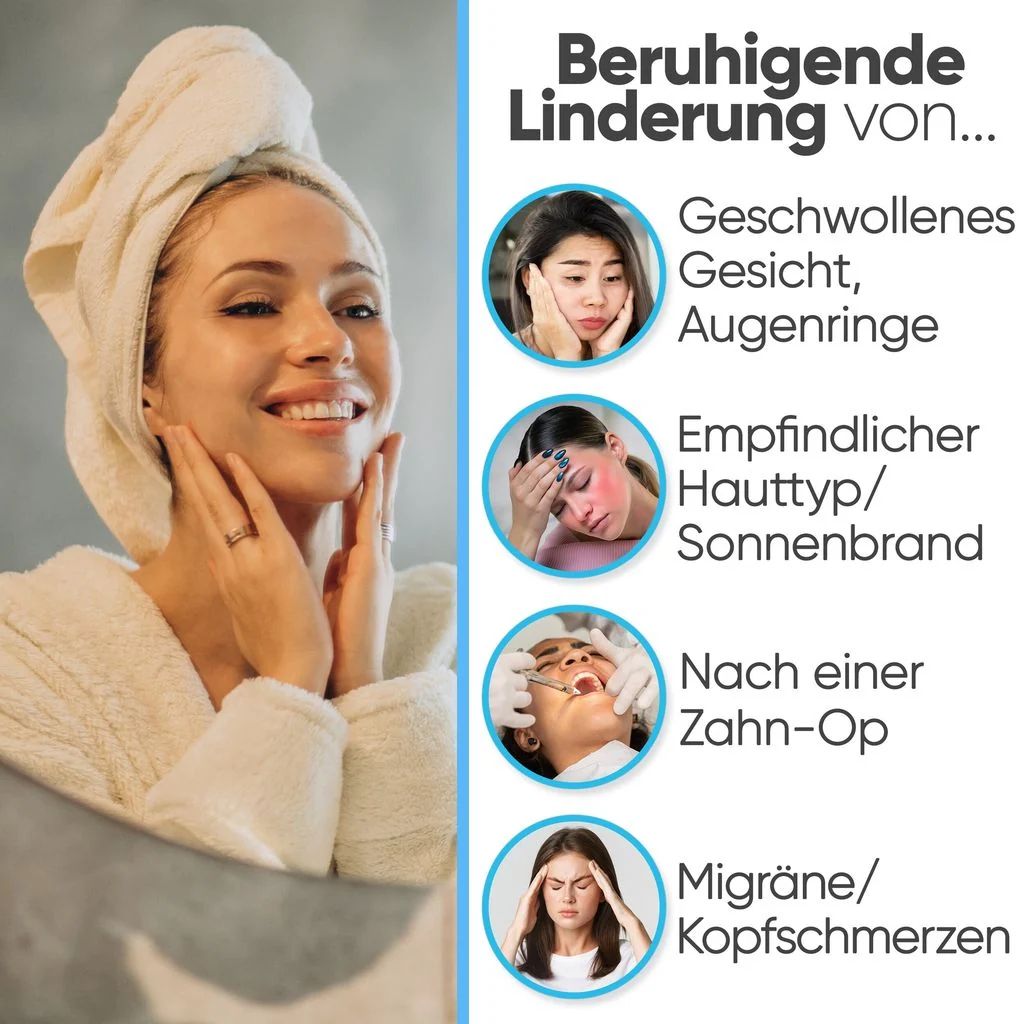Anwendungsbeispiele für die Kühlmaske: geschwollenes Gesicht, Sonnenbrand, nach Zahn-OP, Migräne.