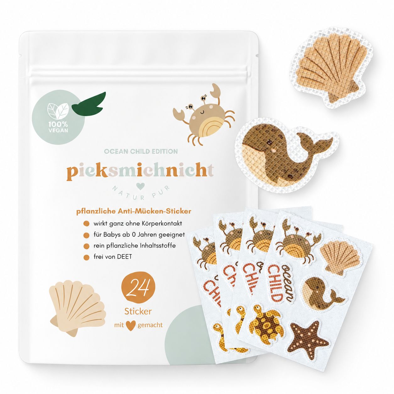 pieksmichnicht Pflanzliche Anti-Mücken-Sticker Ocean Child Edition 24 St Pflaster