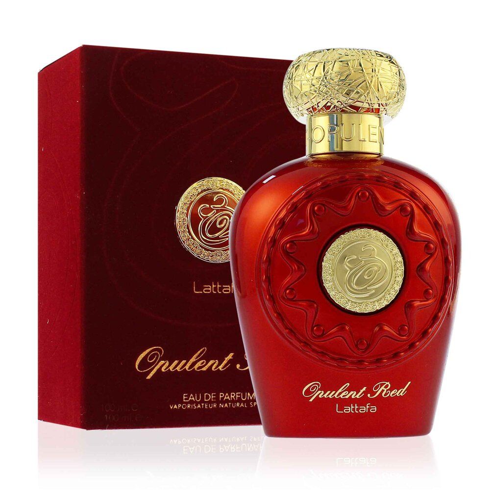 Roter Flakon und Verpackung. Goldfarbener Deckel. Aufschrift: Opulent Red, Lattafa.