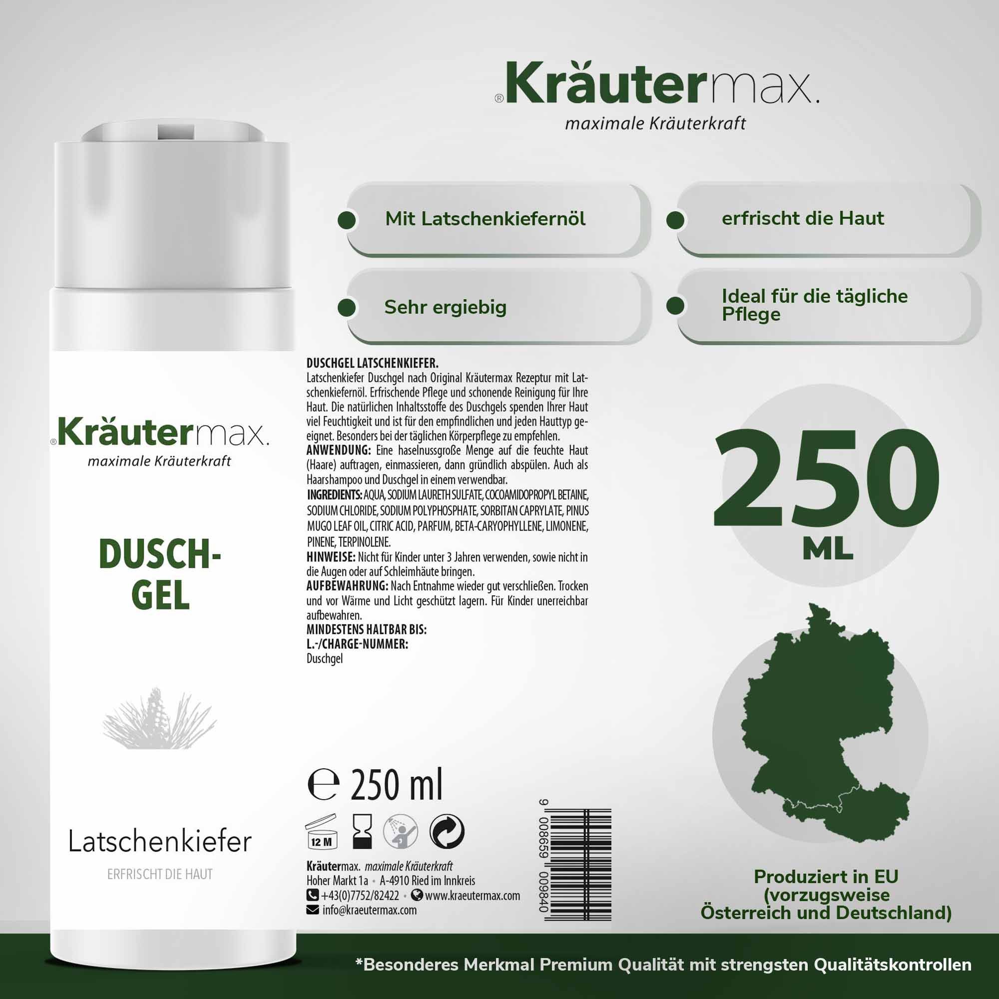 Weißes Duschgel mit grüner Aufschrift Kräutermax, Dusch-Gel, Latschenkiefer. 250 ml. Text: Mit Latschenkiefernöl, erfrischt die Haut, ideal für die tägliche Pflege.