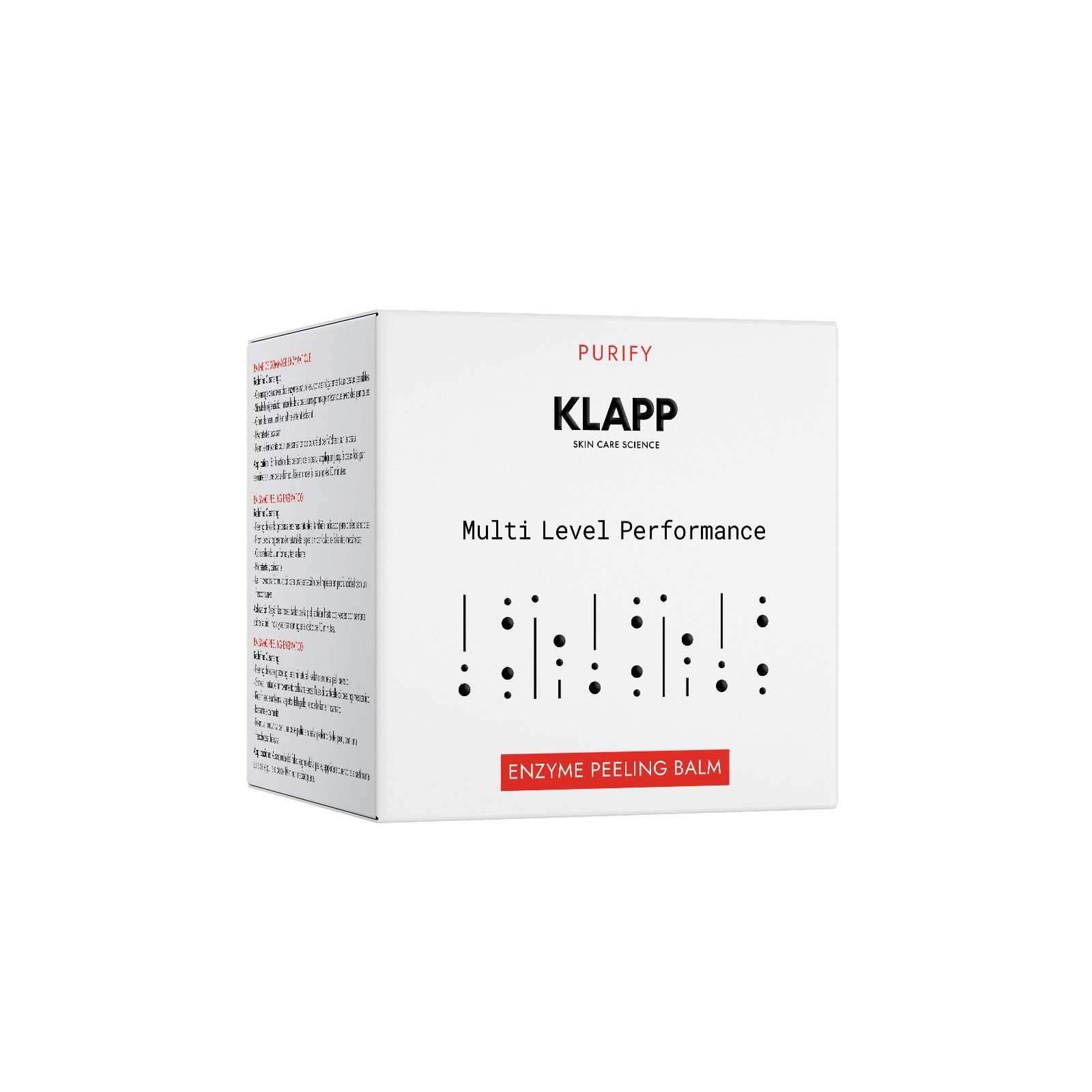 Verpackung KLAPP Multi Level Performance Enzyme Peeling Balm, weiß mit Text.