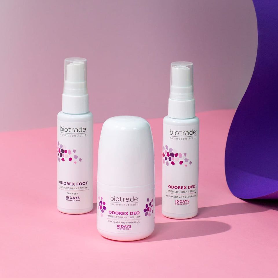 Drei Produkte: Spray, Roll-on, Spray. Aufschrift: Biotrade, Odorex Deo, Odorex Fuß, 10 Tage Schutz.