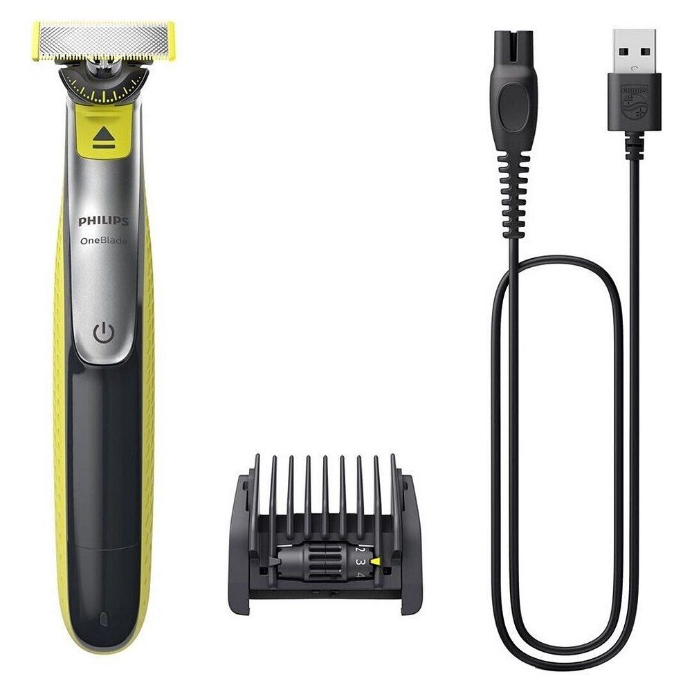 Philips OneBlade 360 Trimmer, Aufsatz und USB-Ladekabel auf weißem Hintergrund.