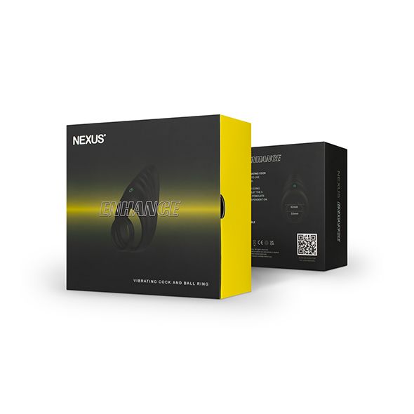 Zwei schwarze Schachteln. Auf der Vorderseite steht "NEXUS ENHANCE". Auf der Rückseite befindet sich ein QR-Code.