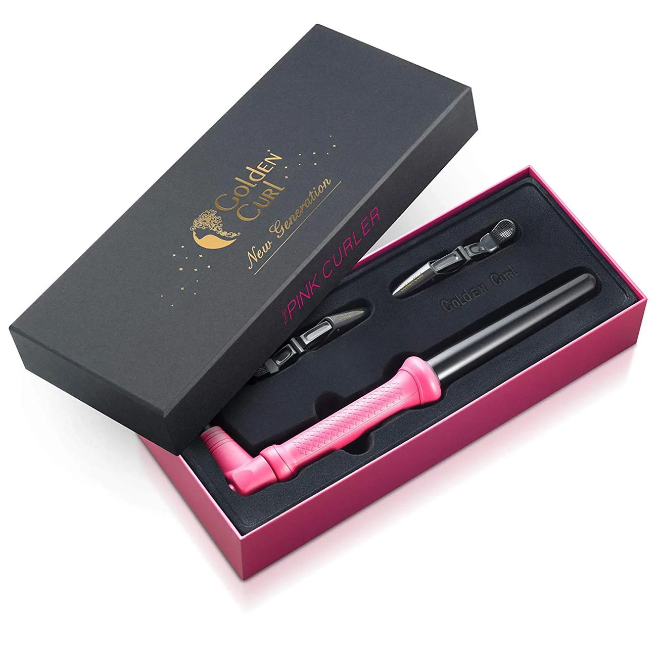 Geöffnete Verpackung mit Lockenstab, zwei Haarspangen und pinkfarbener Innenseite. Schwarze Verpackung.