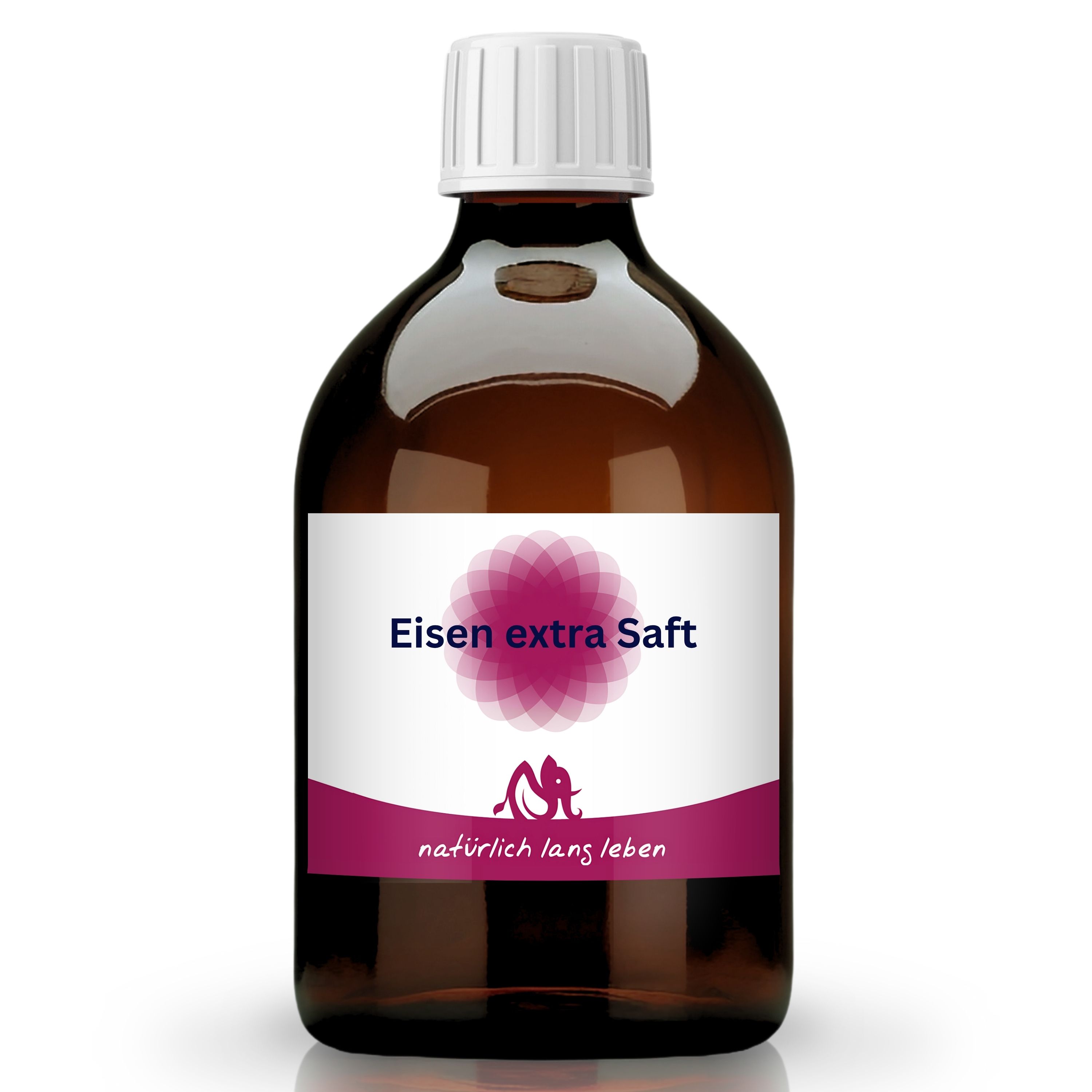 Braune Glasflasche mit weißem Deckel und Etikett. Auf dem Etikett steht "Eisen extra Saft" und "natürlich lang leben".