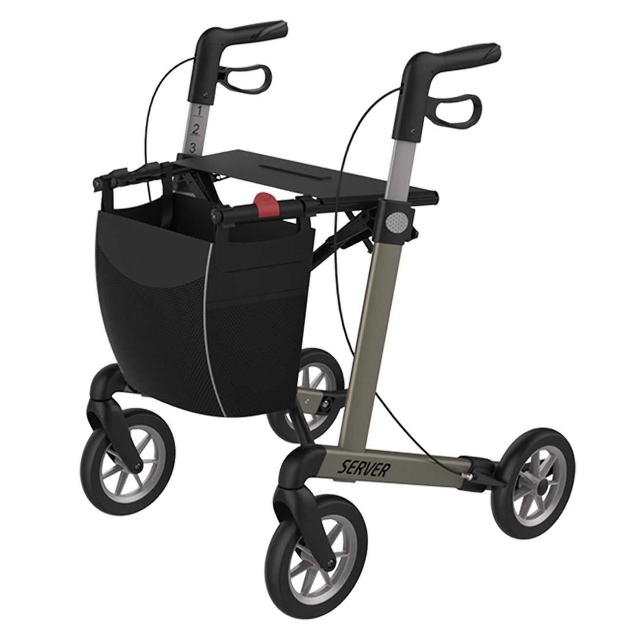 Rollator mit vier Rädern, grauem Rahmen, Einkaufskorb und Tablett. Der Rollator trägt den Schriftzug "SERVER".