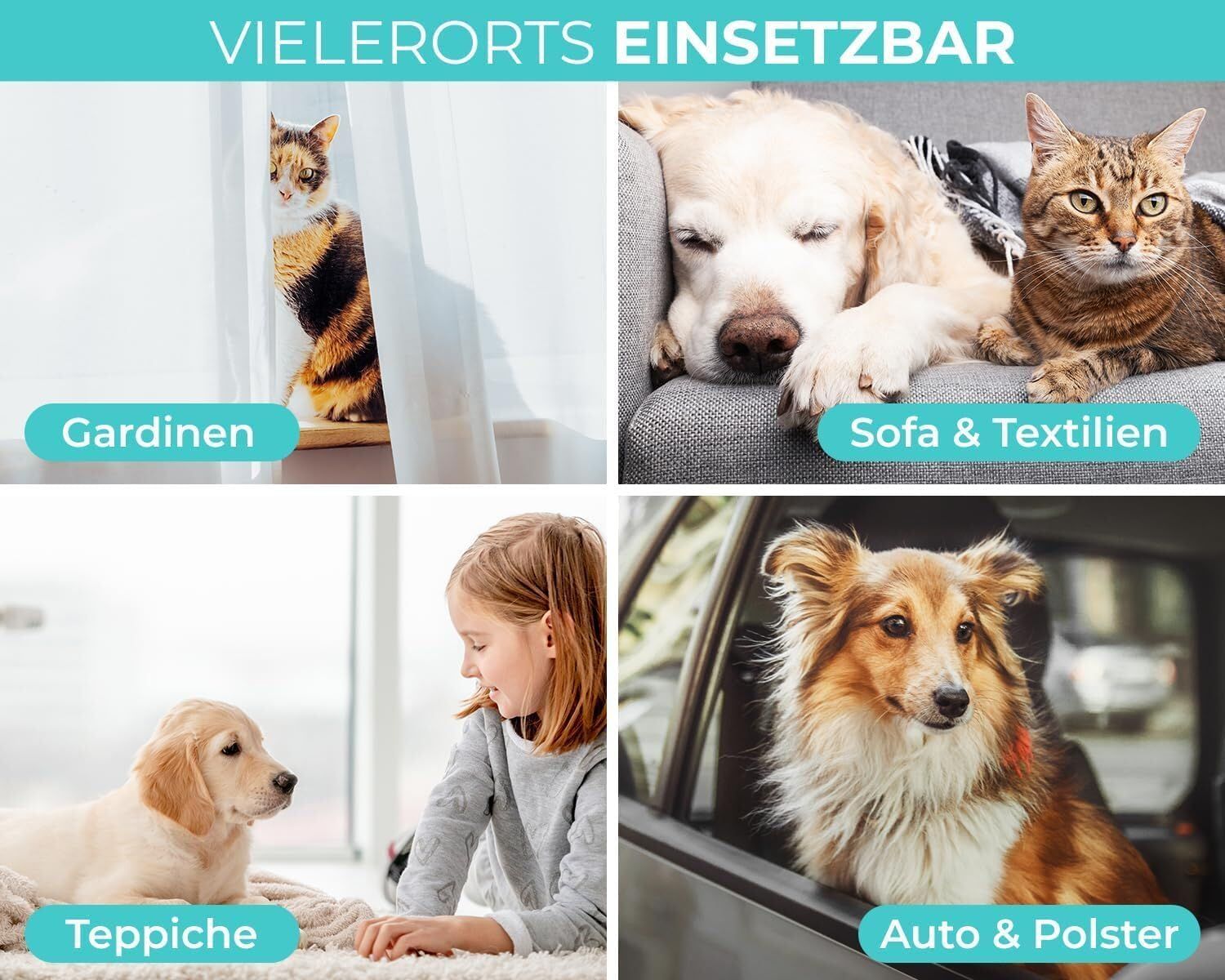 Bilder von Katze, Hund und Kind. Text: Vielerorts einsetzbar: Gardinen, Sofa & Textilien, Teppiche, Auto & Polster.