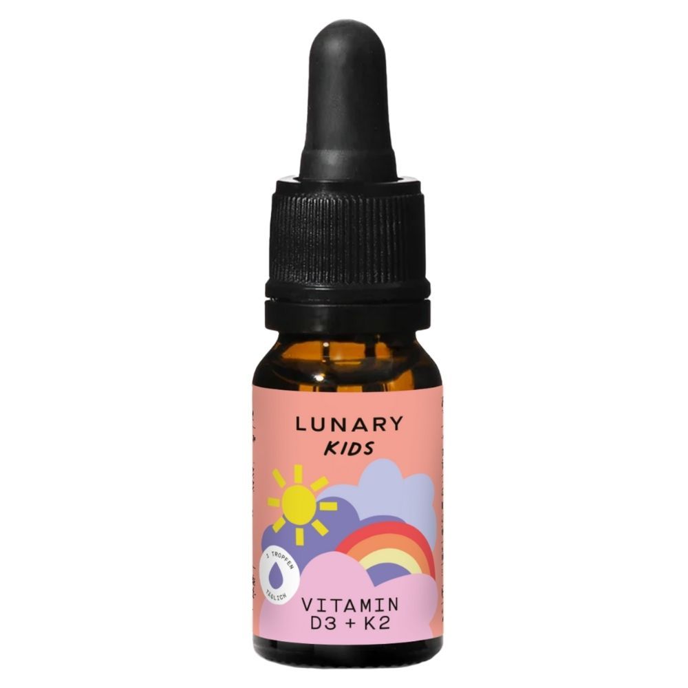 Braune Glasflasche mit Tropfer. Etikett mit LUNARY KIDS Vitamin D3+K2. Sonnen- und Regenbogen-Illustrationen.