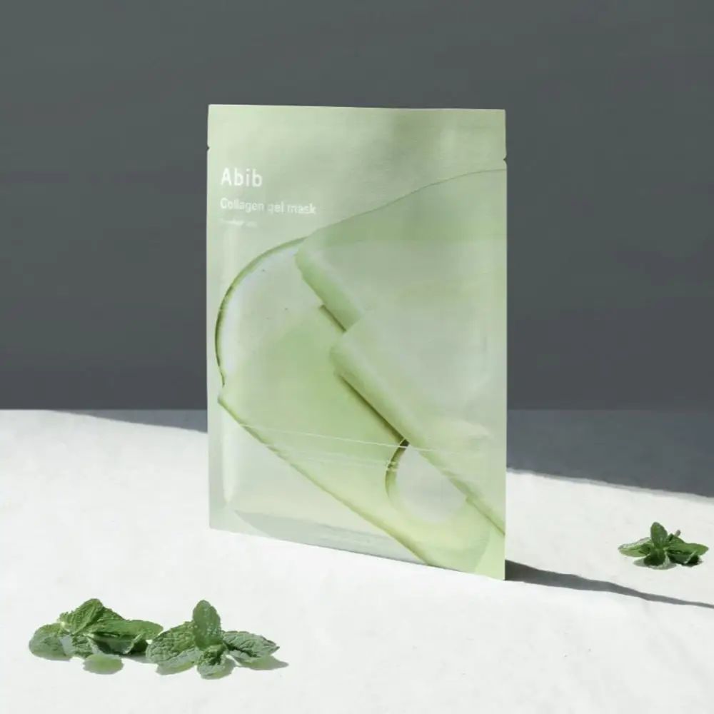 Abib Collagen Gel Mask Heartleaf Jelly Einzelverpackung und offene Maske.
