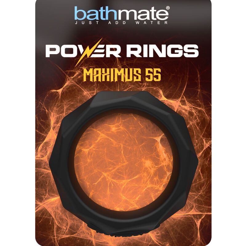Verpackung mit schwarzem Ring. Aufschrift: Bathmate, Power Rings Maximus 55. Hintergrund: orangefarbene Flammen.