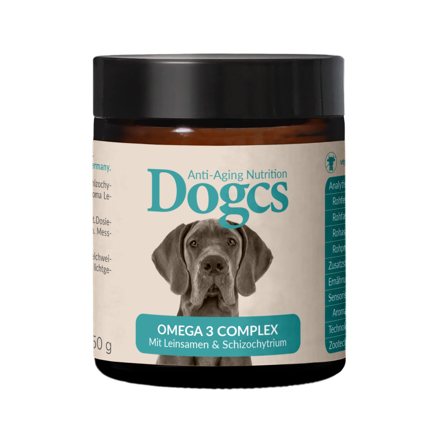 Braune Dose mit schwarzem Deckel. Aufschrift "Dogcs" und "Omega 3 Complex". Bild eines Hundes. 50g.