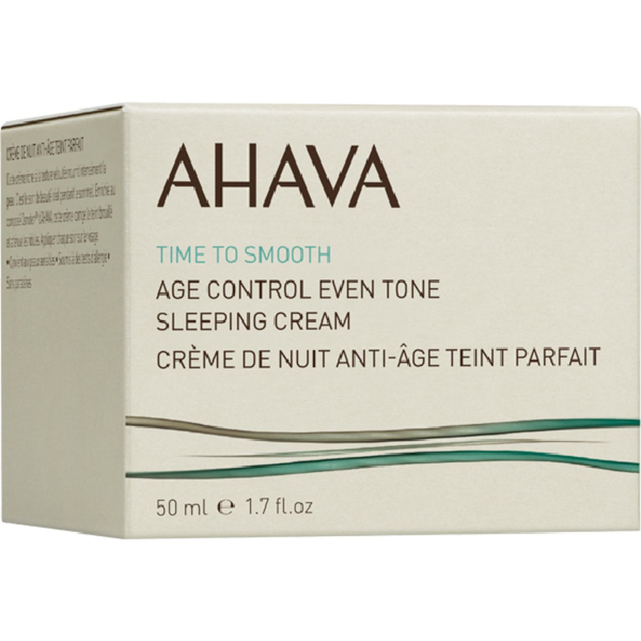 Verpackung mit Aufschrift: AHAVA, Time to Smooth, Age Control Even Tone Sleeping Cream. 50 ml.