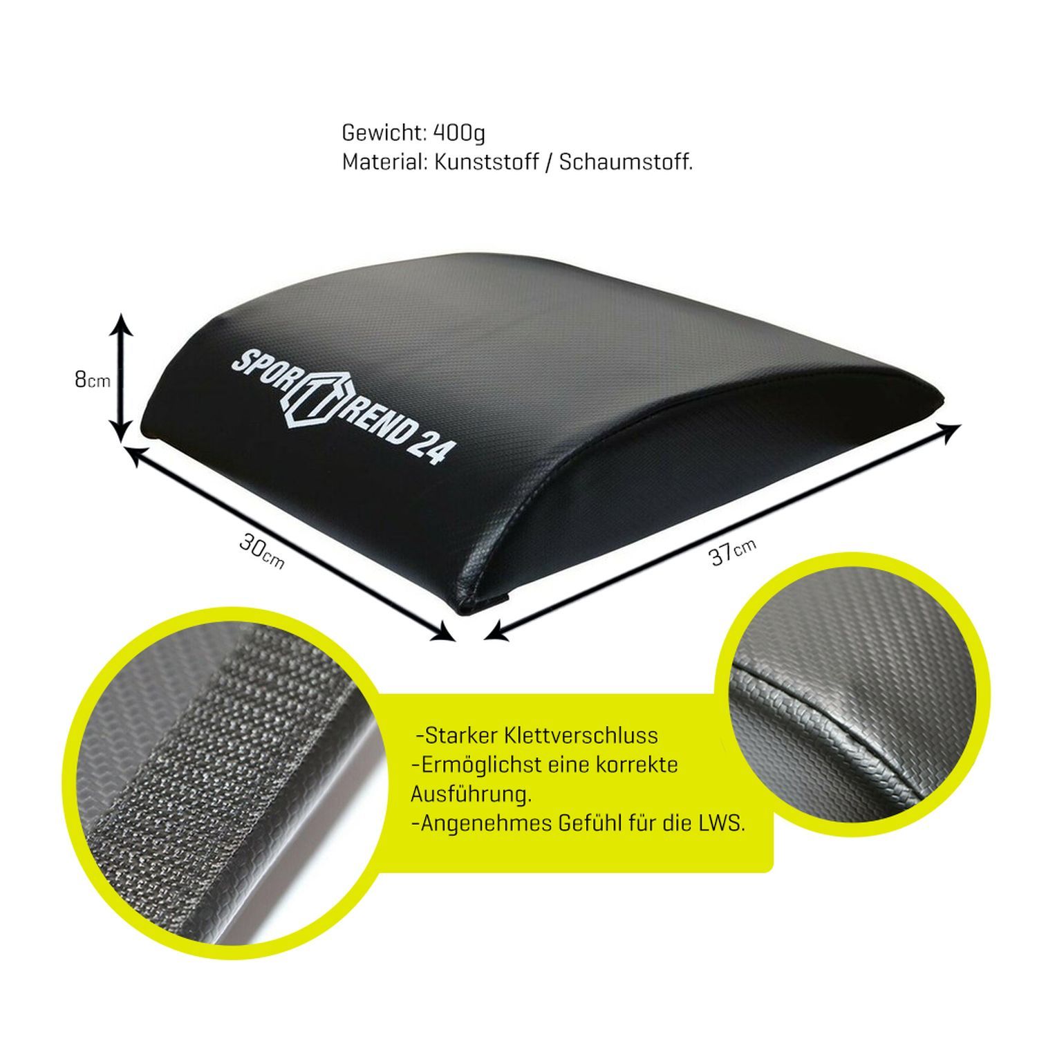 Sporttrend24 Sit-Up-Matte mit Maßen. Schwarz, Kunstleder. Gewicht 400g. Material: Kunststoff/Schaumstoff.