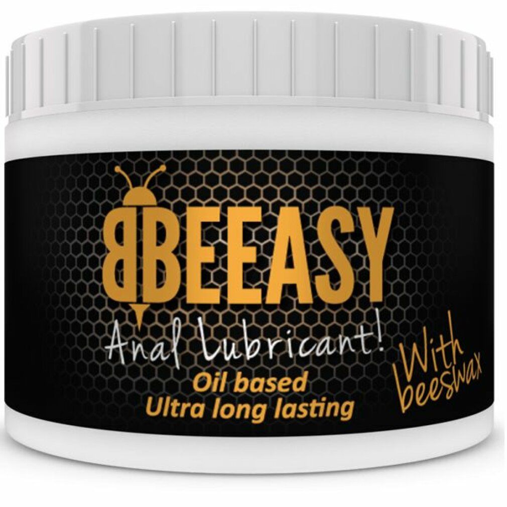 Runde, weiße Dose mit schwarzem Etikett. Aufschrift: BEEASY, Anal Lubricant!, Oil based, Ultra long lasting, With beeswax.
