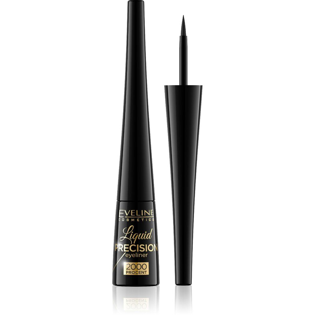 Schwarzer Eyeliner-Flakon mit geöffnetem Deckel, Applikator sichtbar. Aufschrift: Eveline Cosmetics Liquid Precision 2000 Prozent Eyeliner.