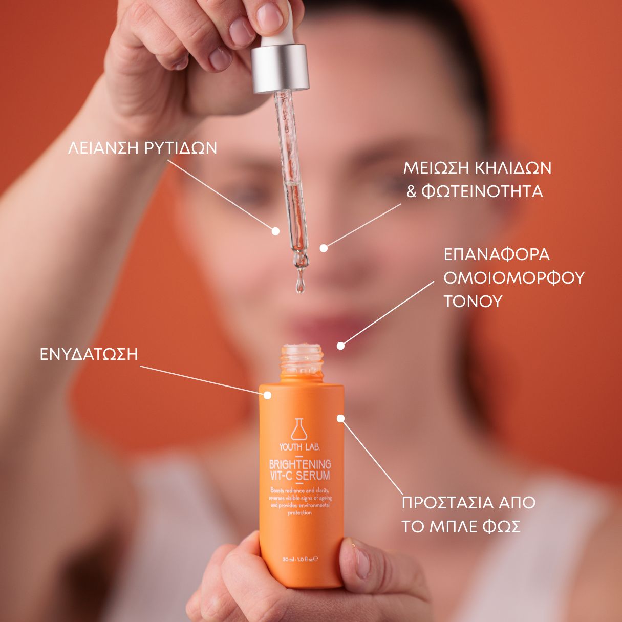 Serumflasche mit Applikator. Beschriftung: Brightening Vit-C Serum. Pfeile zeigen auf Vorteile. Hintergrund: orange.