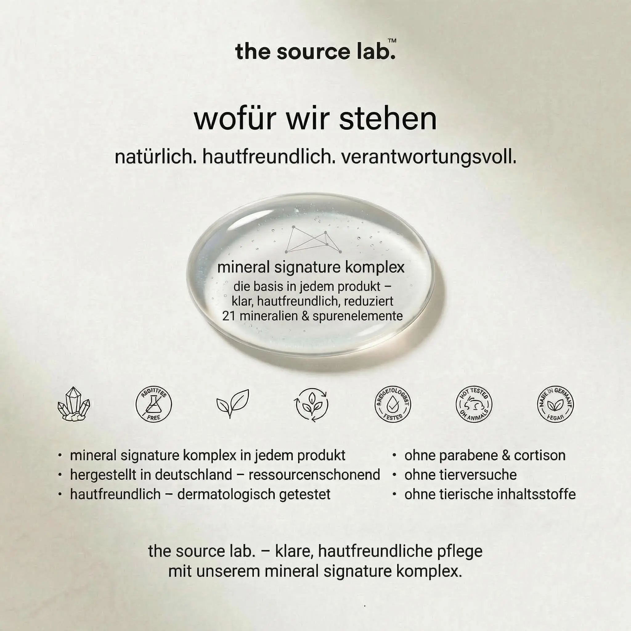 Grafik mit einem Tropfen. Text: the source lab., wofür wir stehen, mineral signature komplex, ohne Parabene & Cortison, ohne Tierversuche.