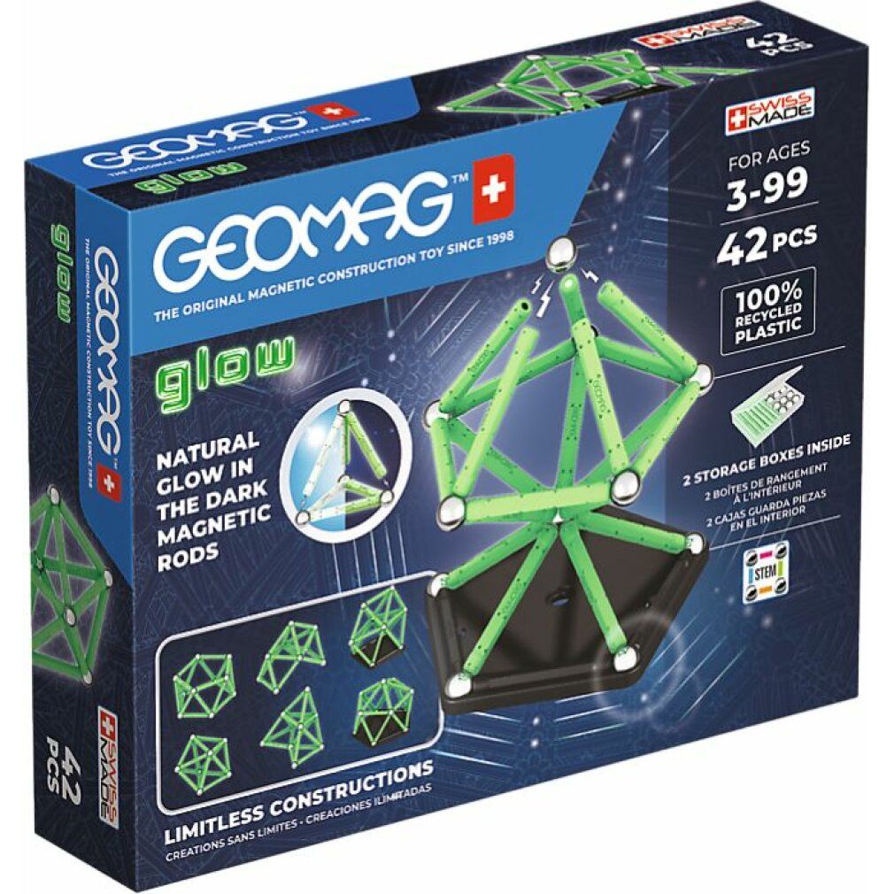 Verpackung von GEOMAG GLOW RECYCLED. Enthält 42 Teile, geeignet für Kinder ab 3 Jahren. Hergestellt aus 100% recyceltem Kunststoff.