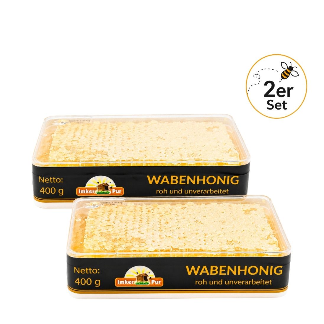 Zwei Packungen ImkerPur Wabenhonig, 400g, mit "2er Set" Kennzeichnung.