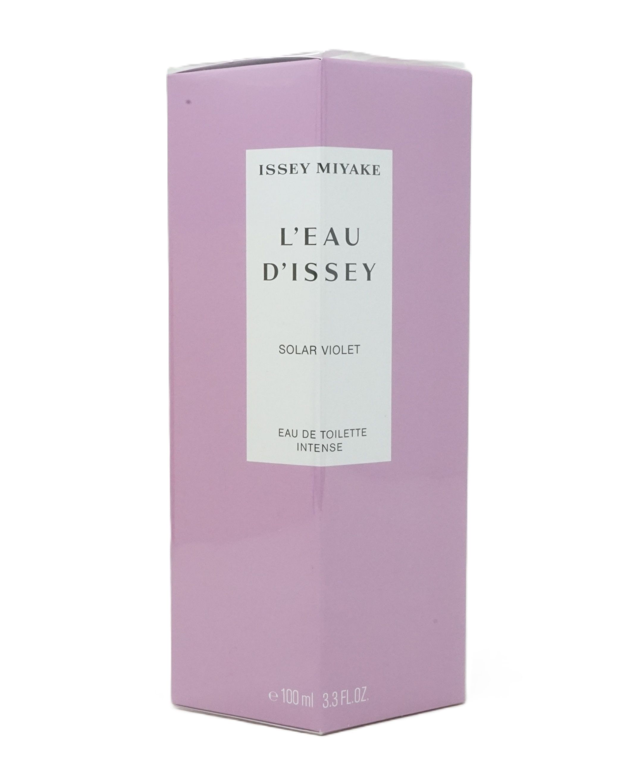 Lila Karton mit weißem Text. Aufschrift: Issey Miyake, L'Eau d'Issey, Solar Violet, Eau de Toilette Intense.