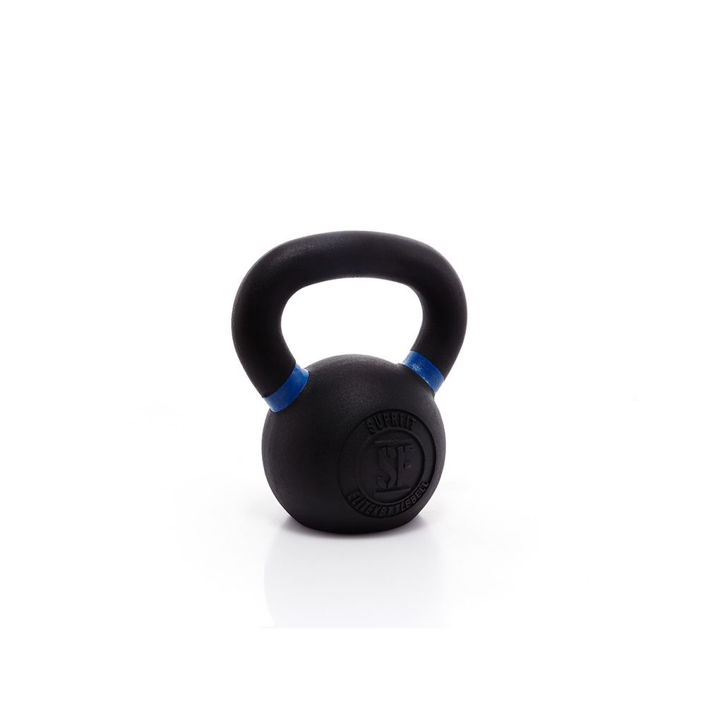 Schwarze Kettlebell aus Gusseisen mit blauem Akzent am Griff. Das Logo ist auf der Vorderseite sichtbar.