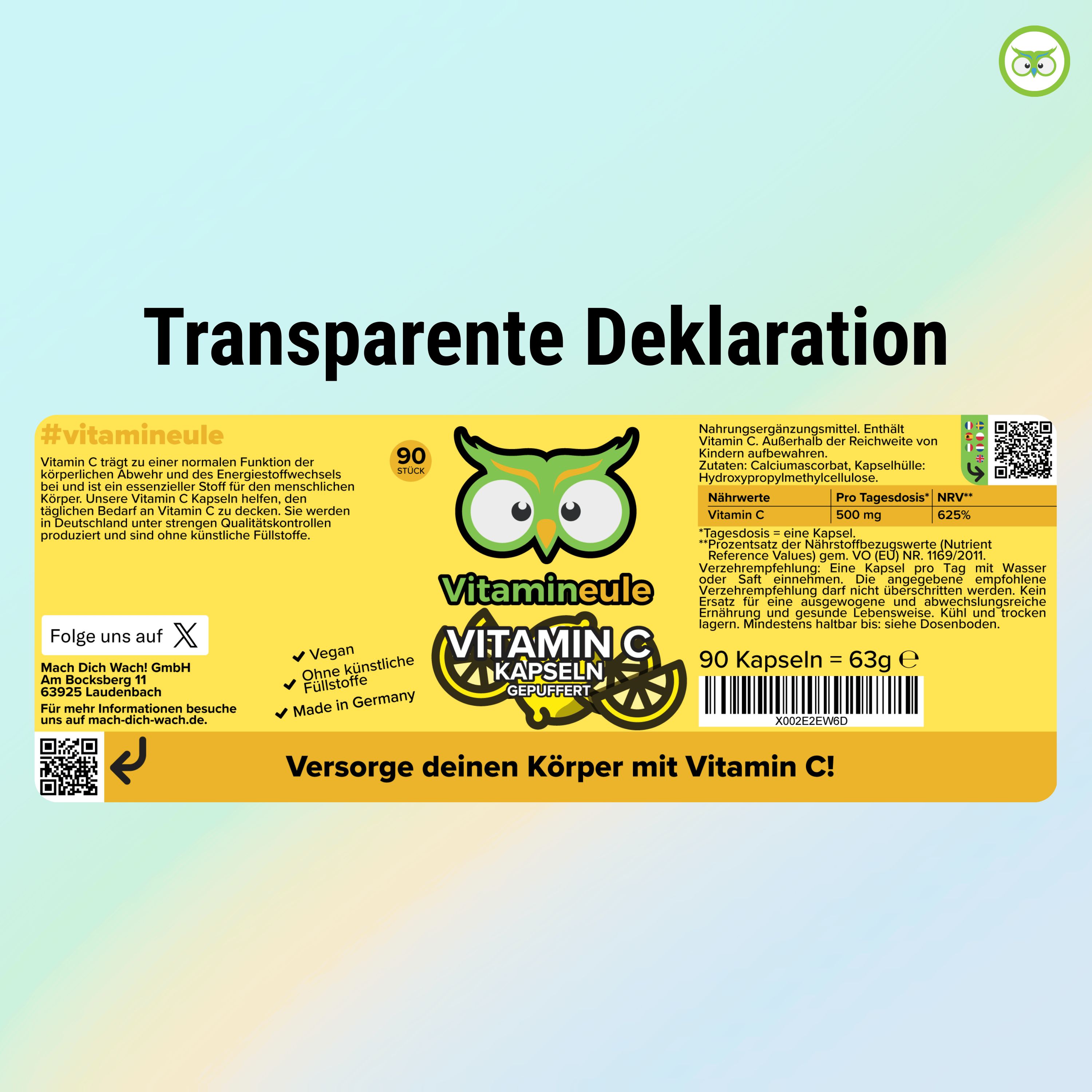 Etikett: Vitamin C Kapseln, 90 Stück, #vitamineule, vegan, ohne künstliche Zusätze, Made in Germany. Nährwertangaben, QR-Code.