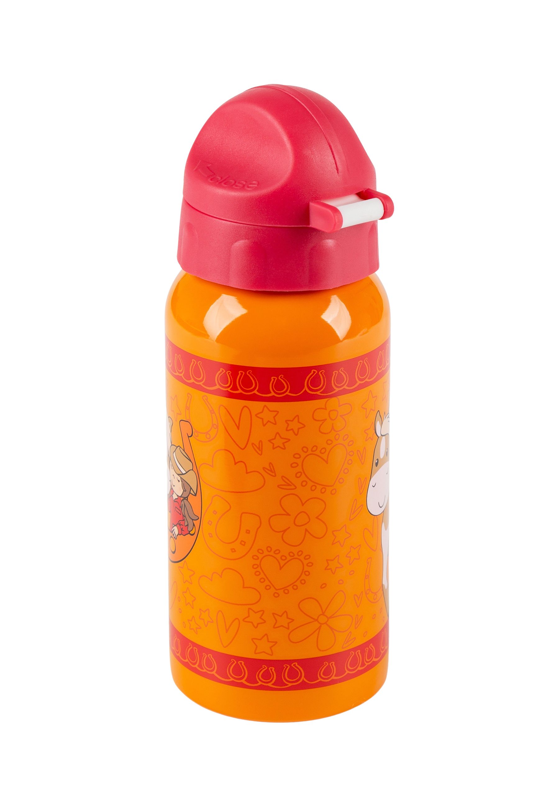 Trinkflasche mit Reiterin-Motiv. Orangefarbener Korpus, roter Deckel. Mädchen auf Pferd abgebildet. Marke: sigikid.