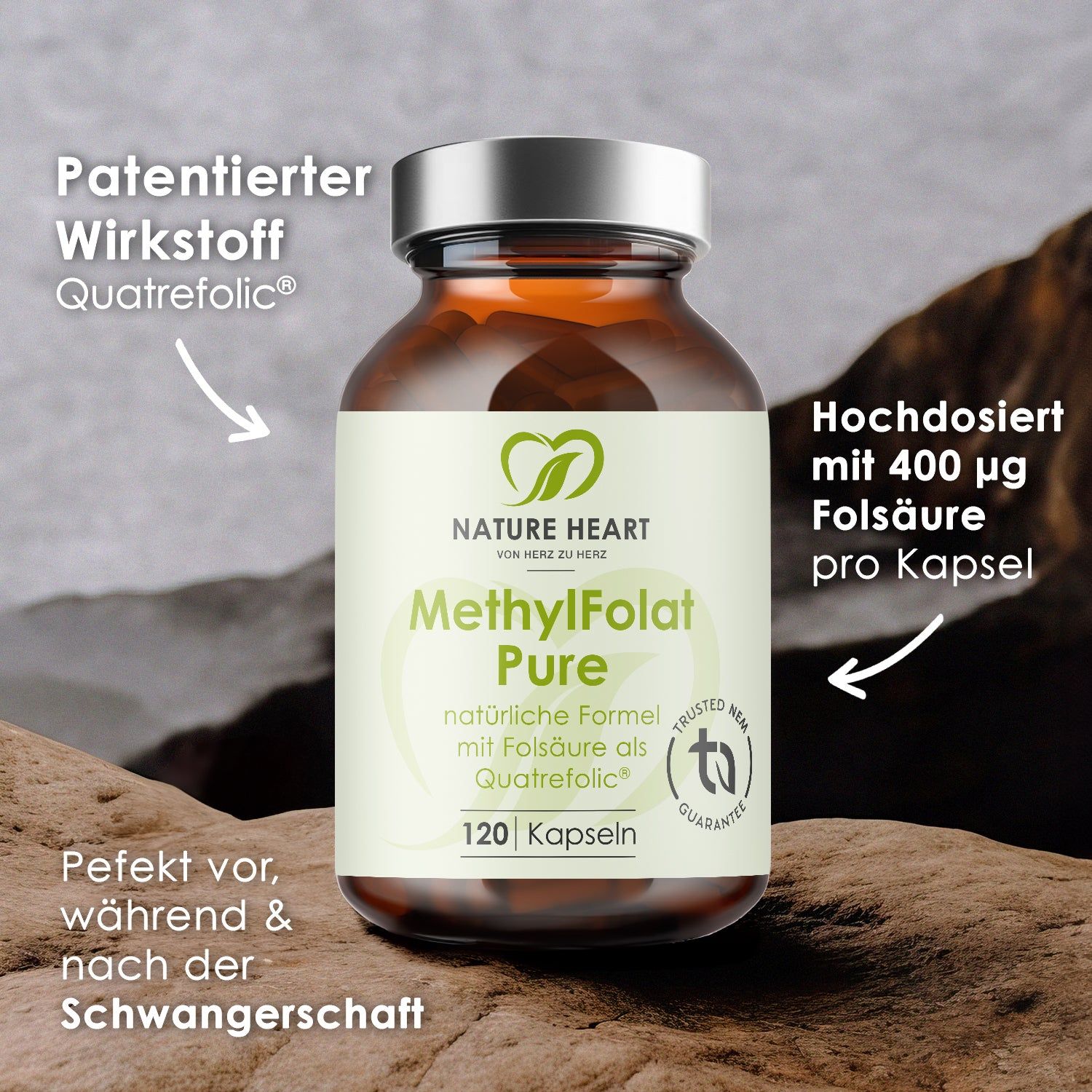 Braune Glasflasche mit Kapseln. Aufschrift: MethylFolat Pure, 120 Kapseln. Pfeile mit Text.