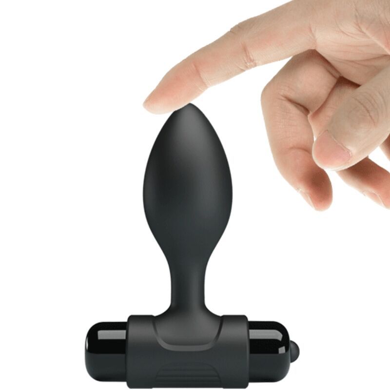 Schwarzer Analplug mit Vibration, aus Silikon, mit Griff und Vibrationsknopf.