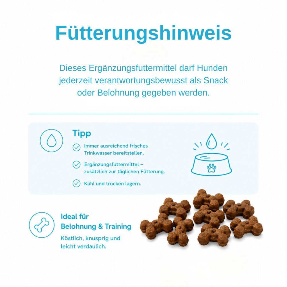 Fütterungshinweis für Hundesnacks. Ideal für Belohnung & Training. Knusprig und leicht verdaulich.