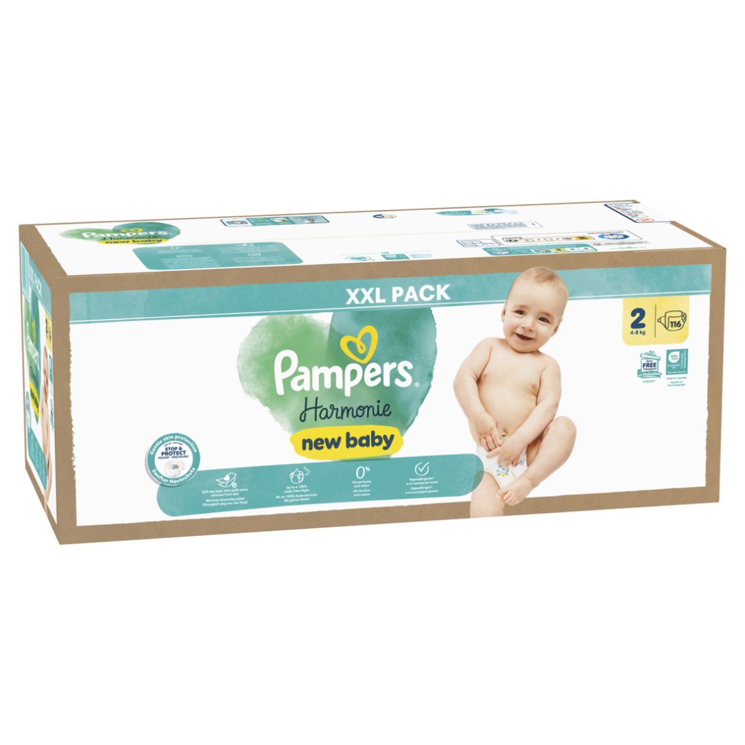 Pampers Harmonie New Baby Windeln, XXL Pack. Karton mit Babyabbildung und Produktinformationen. Größe 2.