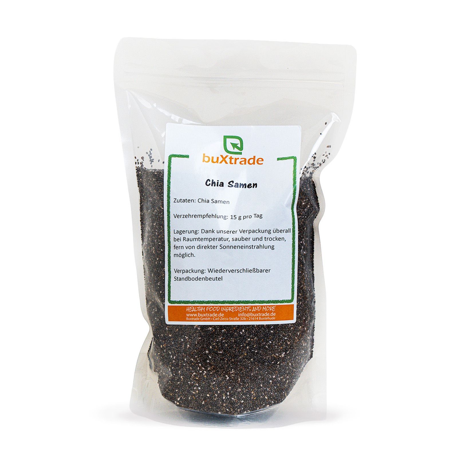 Transparente Verpackung mit Chia-Samen. Aufdruck mit Produktinformationen und Logo 'buXtrade'.
