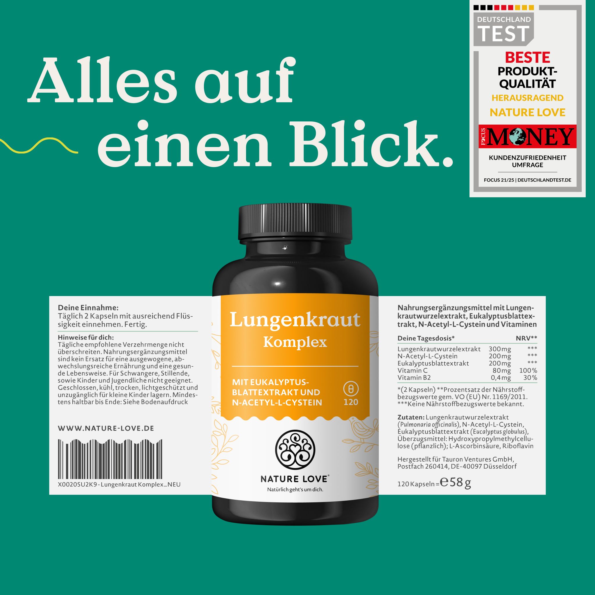 NATURE LOVE Lungenkraut Komplex: Fläschchen mit Etikett und Nährwertangaben.