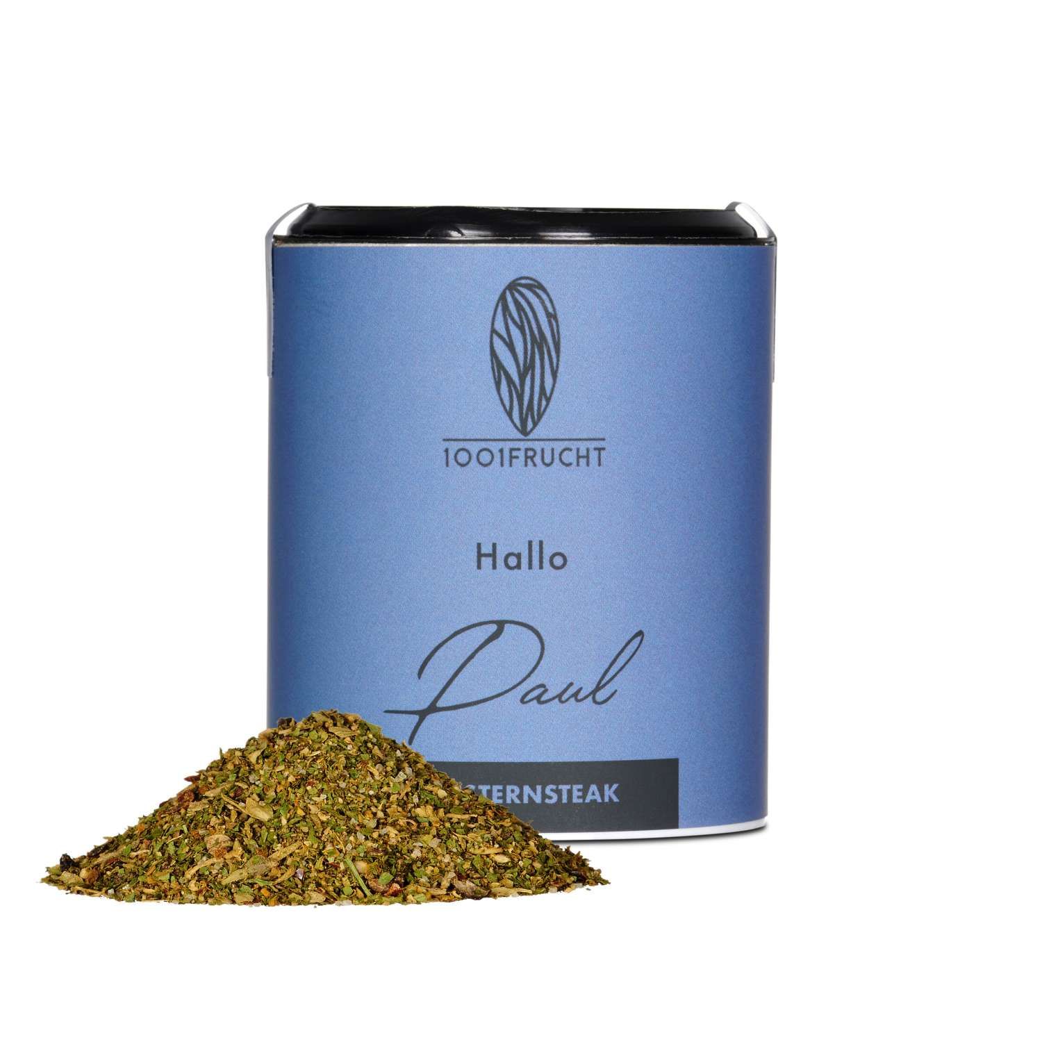 Blaue Dose mit Aufschrift "1001 Frucht", "Hallo Paul", und "Westernsteak". Daneben ein Haufen Kräuter.