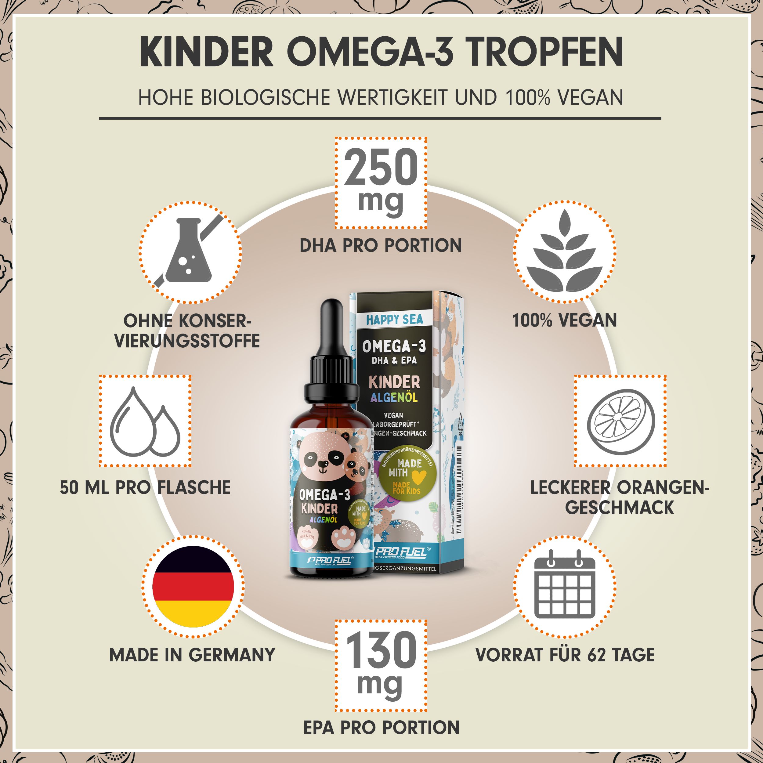 Braune Flasche mit Tropfer, Produktetikett mit Panda-Motiv. Text: Kinder Omega-3 Tropfen, 250mg DHA, 130mg EPA, 50 ml, vegan, Made in Germany.