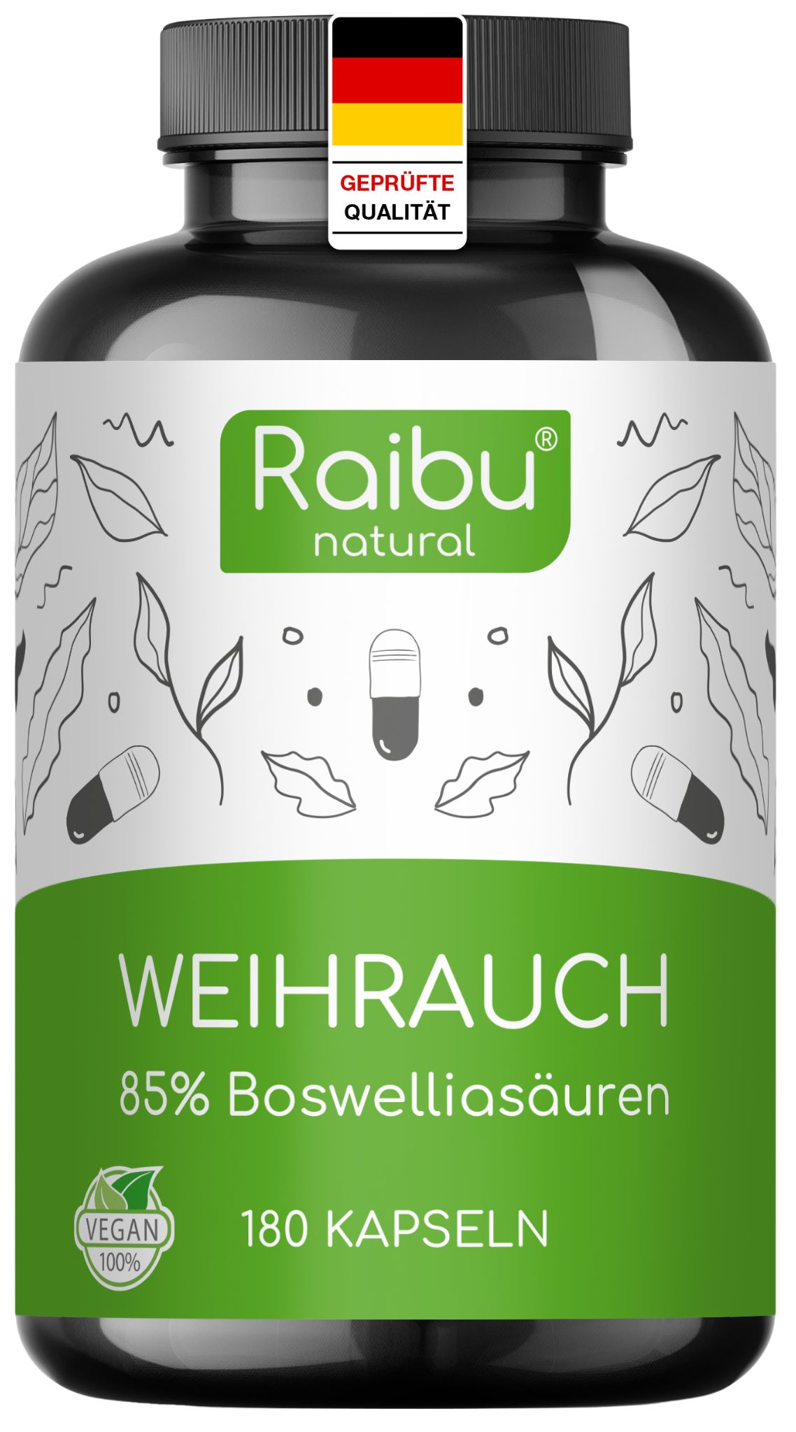 Schwarze Flasche mit Kapseln. Aufschrift: Raibu natural, Weihrauch, 85% Boswelliasäuren, 180 Kapseln. Mit deutschem Qualitätssiegel.