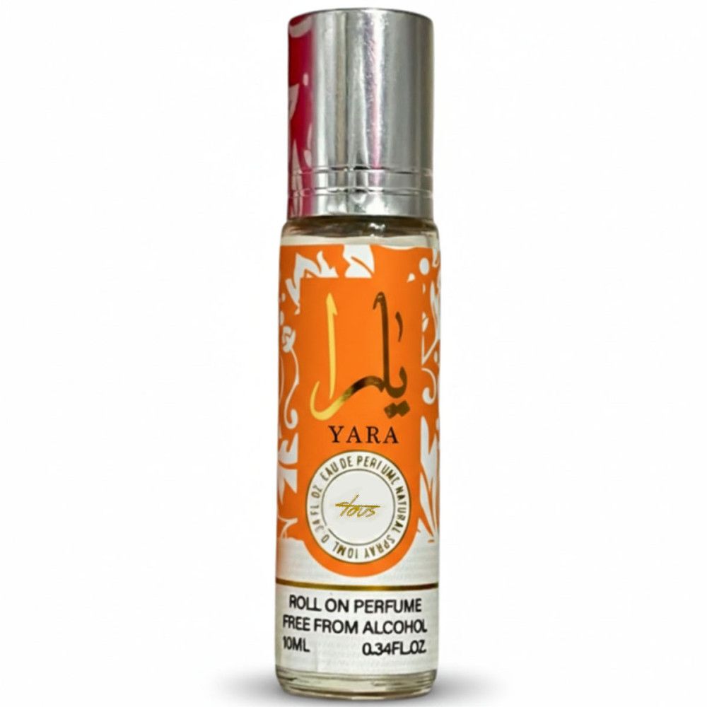 Roll-On-Parfumflasche. Silberner Deckel, orangefarbenes Etikett mit arabischer Schrift und Text. 10ml.