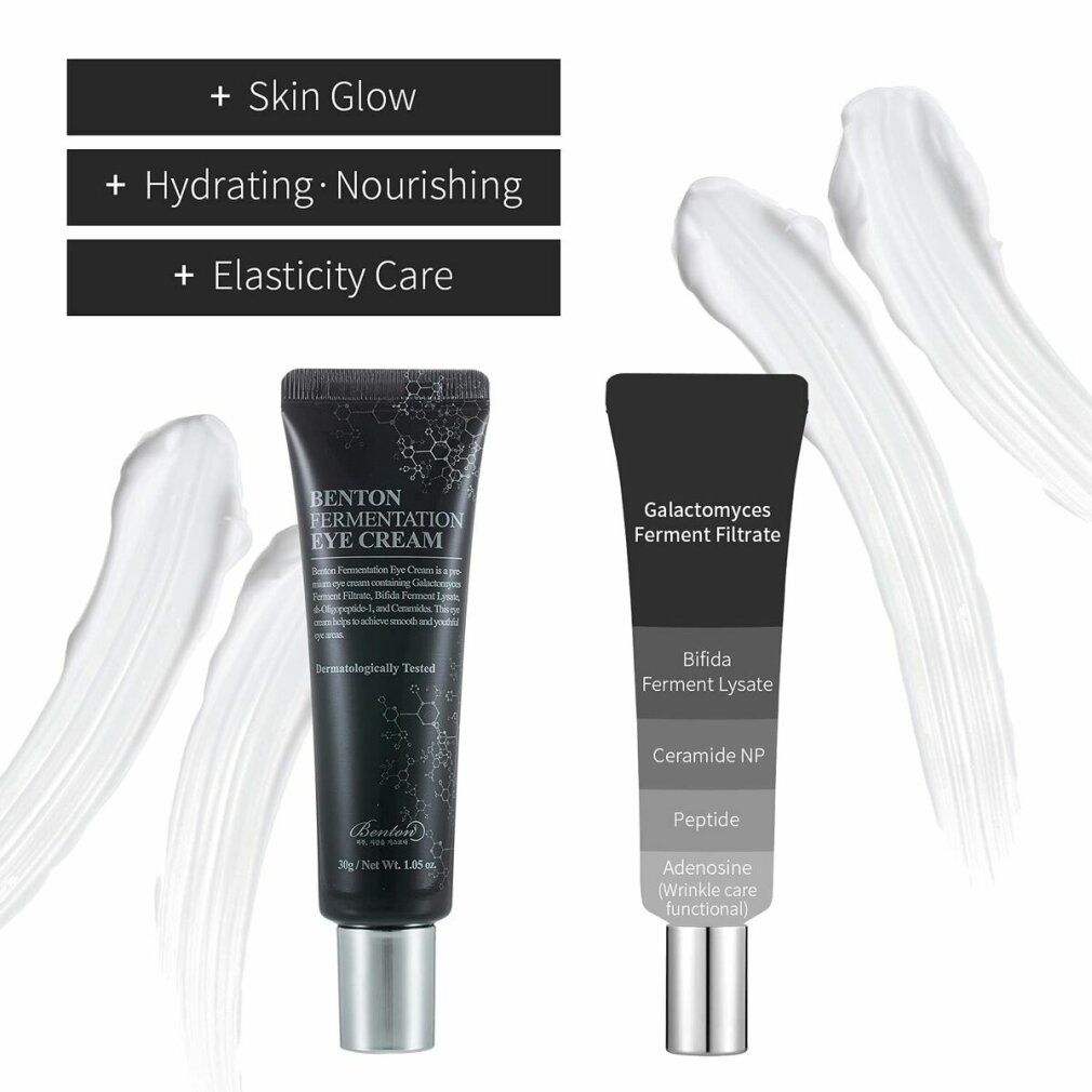 Zwei Tuben, eine mit Aufschrift BENTON FERMENTATION EYE CREAM. Weiße Streifen. Text: Skin Glow, Hydrating, Elasticity Care.
