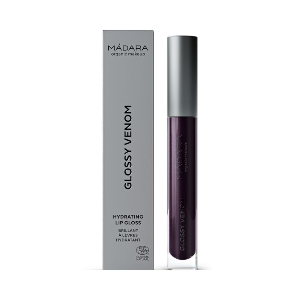 Lippen-Gloss mit silberner Kappe und Verpackung. Text: Glossy Venom, Hydrating Lip Gloss, MÁDARA organic makeup, COSMOS NATURAL.